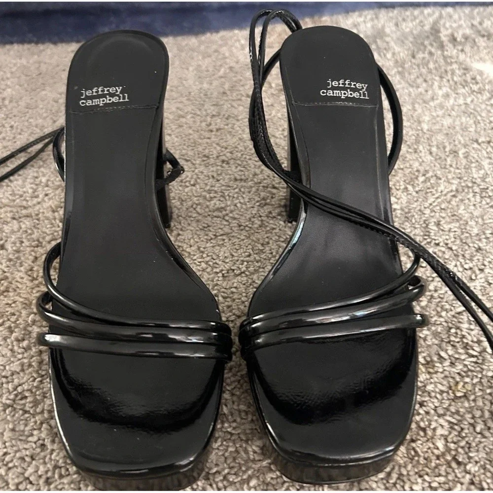 JEFFREY CAMPBELL WOMEN'S SQUARE TOE BLACK STRAP LACE UP HIGH HEEL PRESECCO 7.5